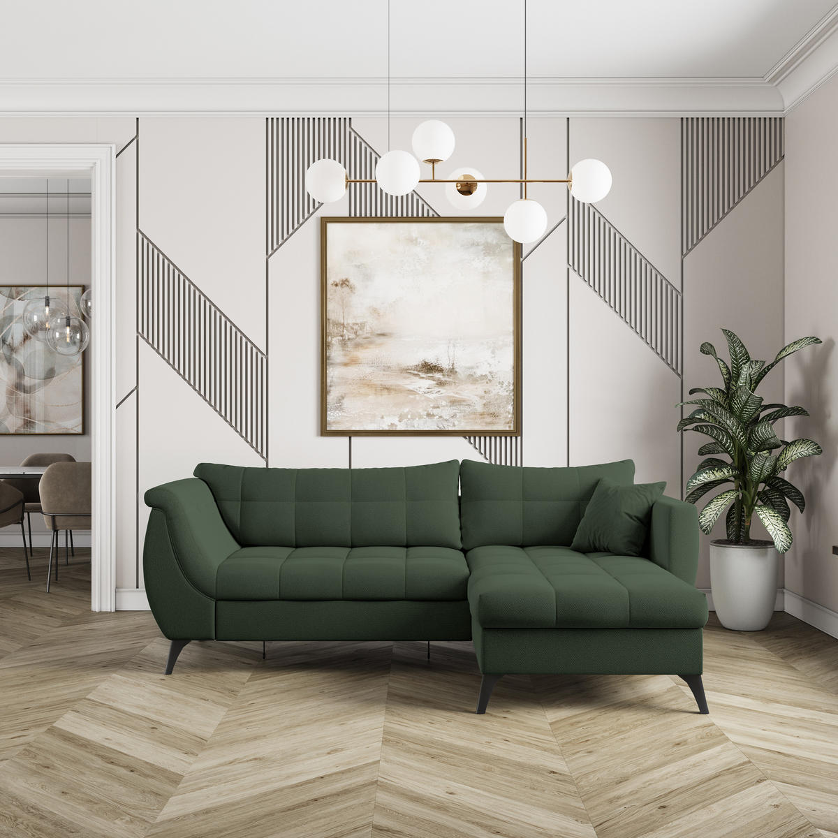 ECKSOFA MOLLIS Grün Geflochtener-Stoff mit Schlaffunktion - Grün, Holz (241/154cm) - MASSENO