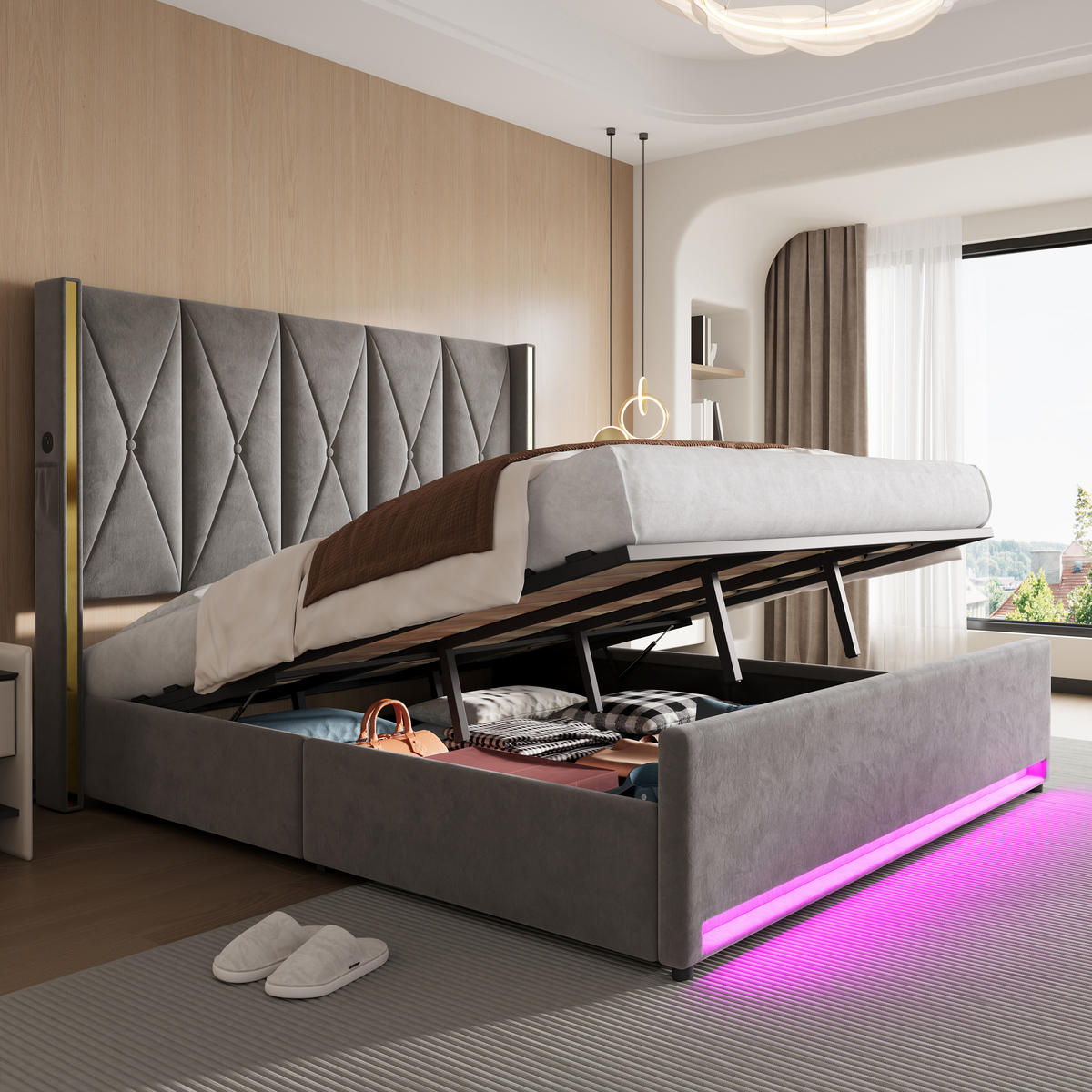 POLSTERBETT 180/200 cm in Dunkelgrau mit Bettkasten, Seitentaschen, LED und USB/Type-C Samt - Dunkelgrau, Holzwerkstoff/Textil (180/200cm) - STILVORA