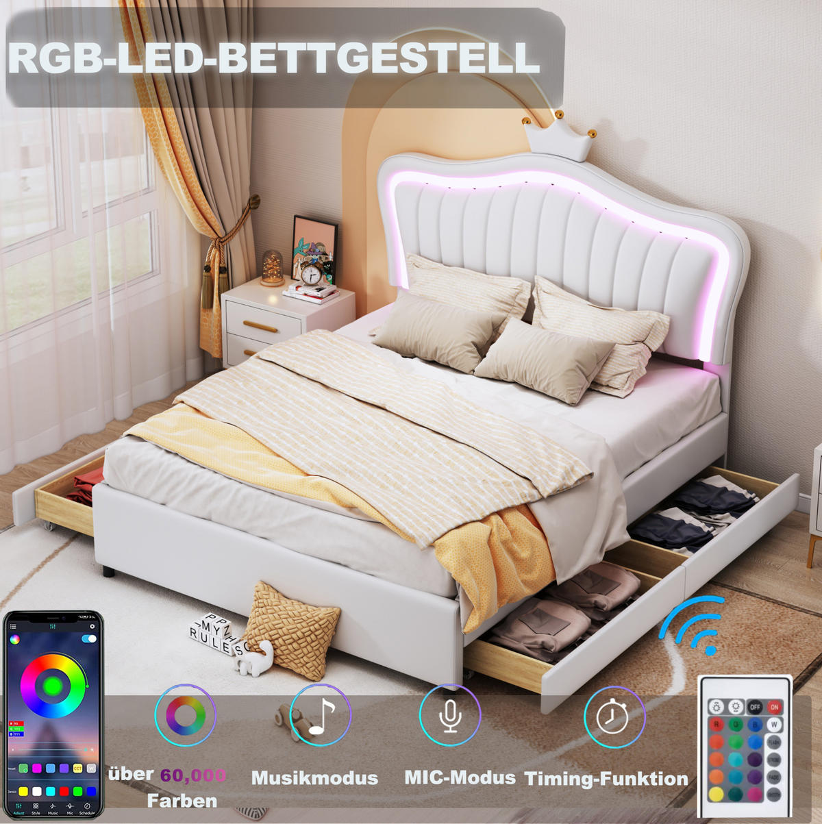 POLSTERBETT 140/200 cm Weiß aus PU-Leder mit Stauraumschubladen und LED - Weiß, Textil (140/200cm) - OKMYHOME