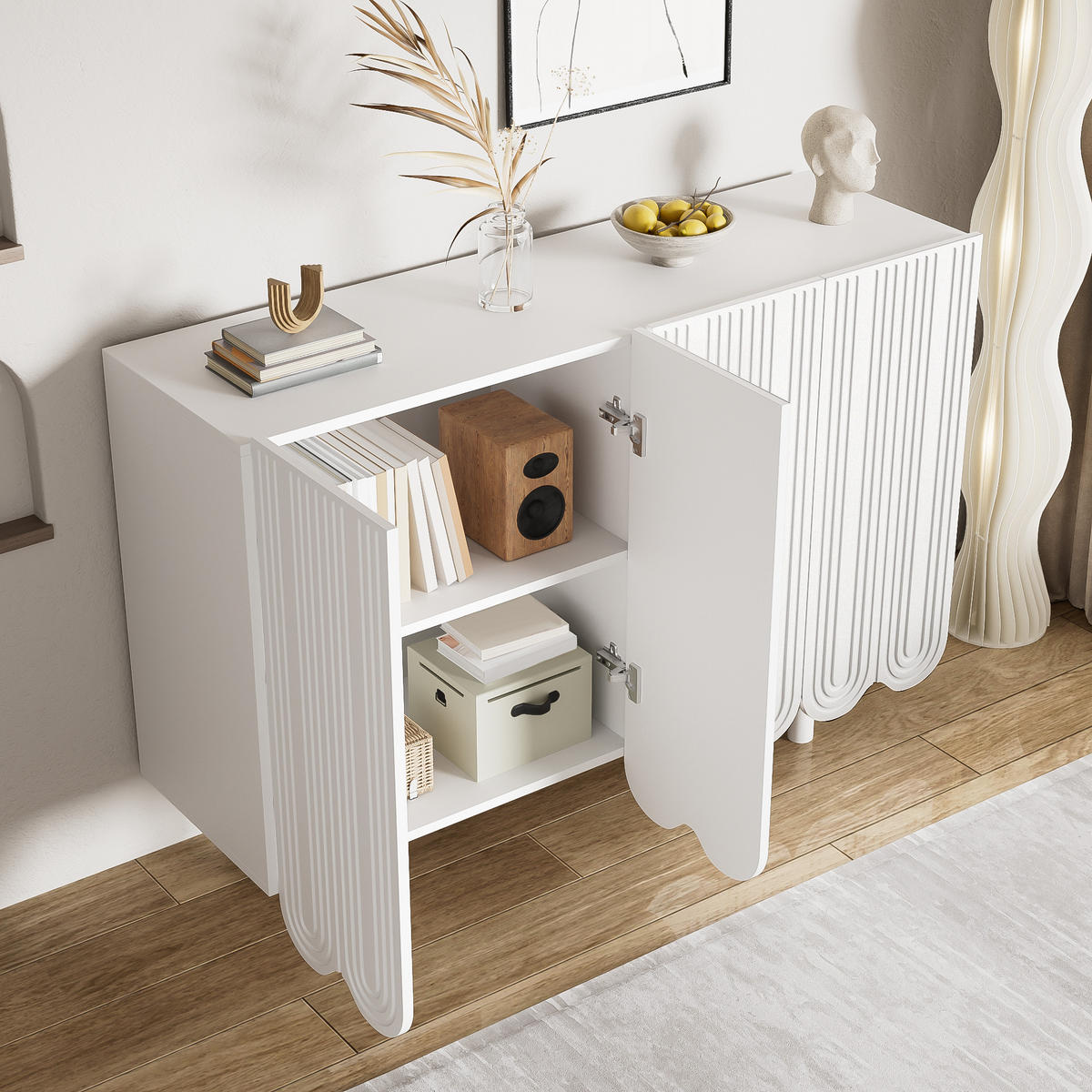 SIDEBOARD mit tropfenförmigen Türen 4 Türen mit Dämpfungsscharnieren modernes Design - Weiß, Holzwerkstoff/Metall (120/80.8/37.5cm) - EVRYAE