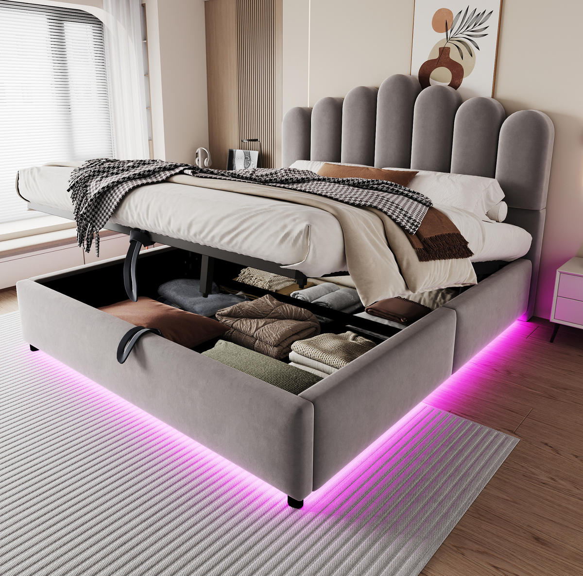 POLSTERBETT 140/200 cm aus Samt mit LED-Lichtleiste, Stauraum, Grau - Grau, Textil (140/200cm) - OKMYHOME