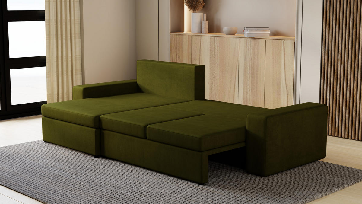 ECKSOFA Paco mit Bettkasten und Schlaffunktion, L-Form/XL-Form, Velourstoff, Universal - Olivgrün, Holzwerkstoff (276/145cm) - 4ALL HOME