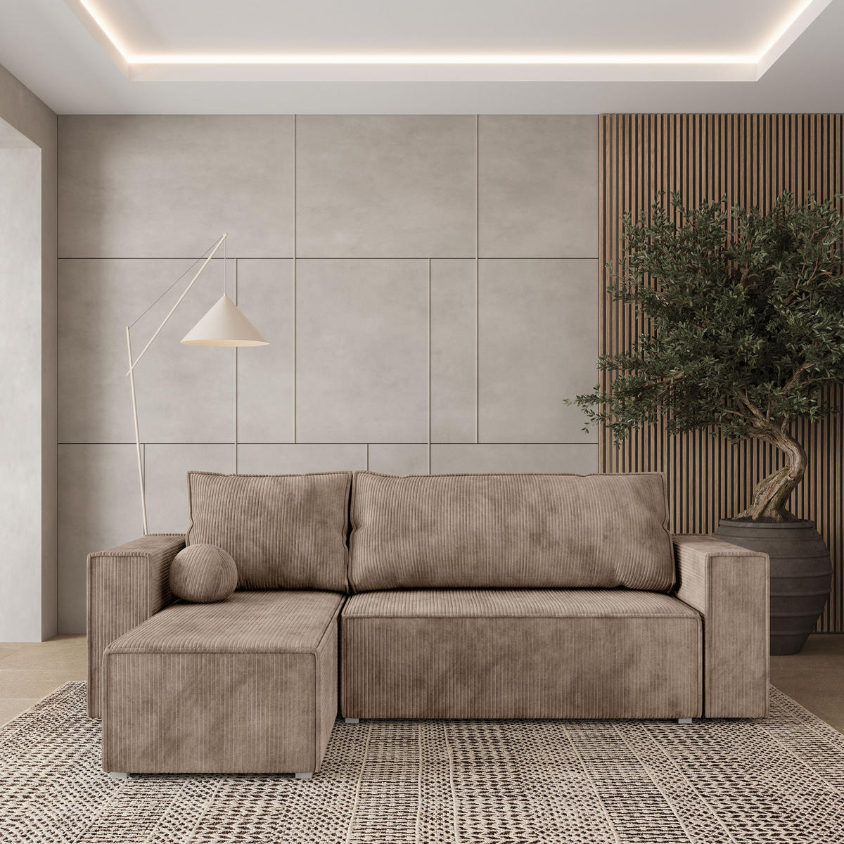 ROHOVÁ SEDAČKA RAVELO béžová - šedá/béžová, dřevo/textil (240/140cm) - MASSENO