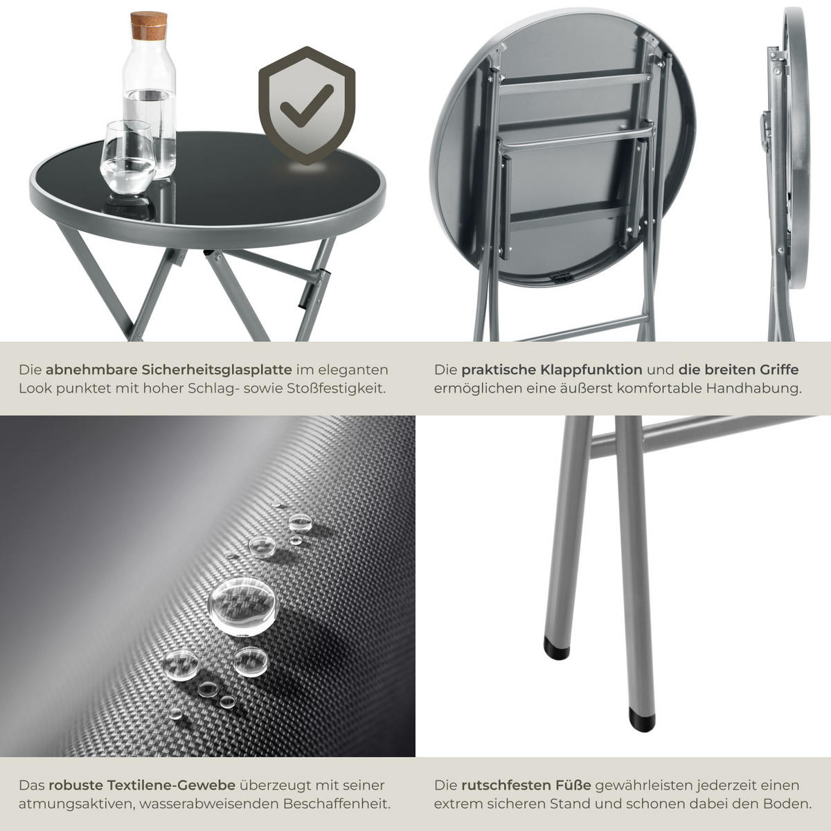 BISTRO-SET Düsseldorf,Tisch mit Sicherheitsglasplatte,grau - Grau, Naturmaterialien/Kunststoff - tectake