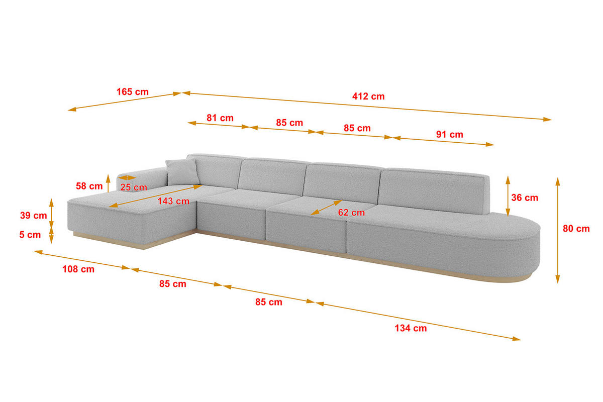 ECKSOFA Ottomane Links IREA-L3 - 412x165x80 cm Hellgrau - Hellgrau, Holzwerkstoff/Textil (412/165cm) - ALTDECOR
