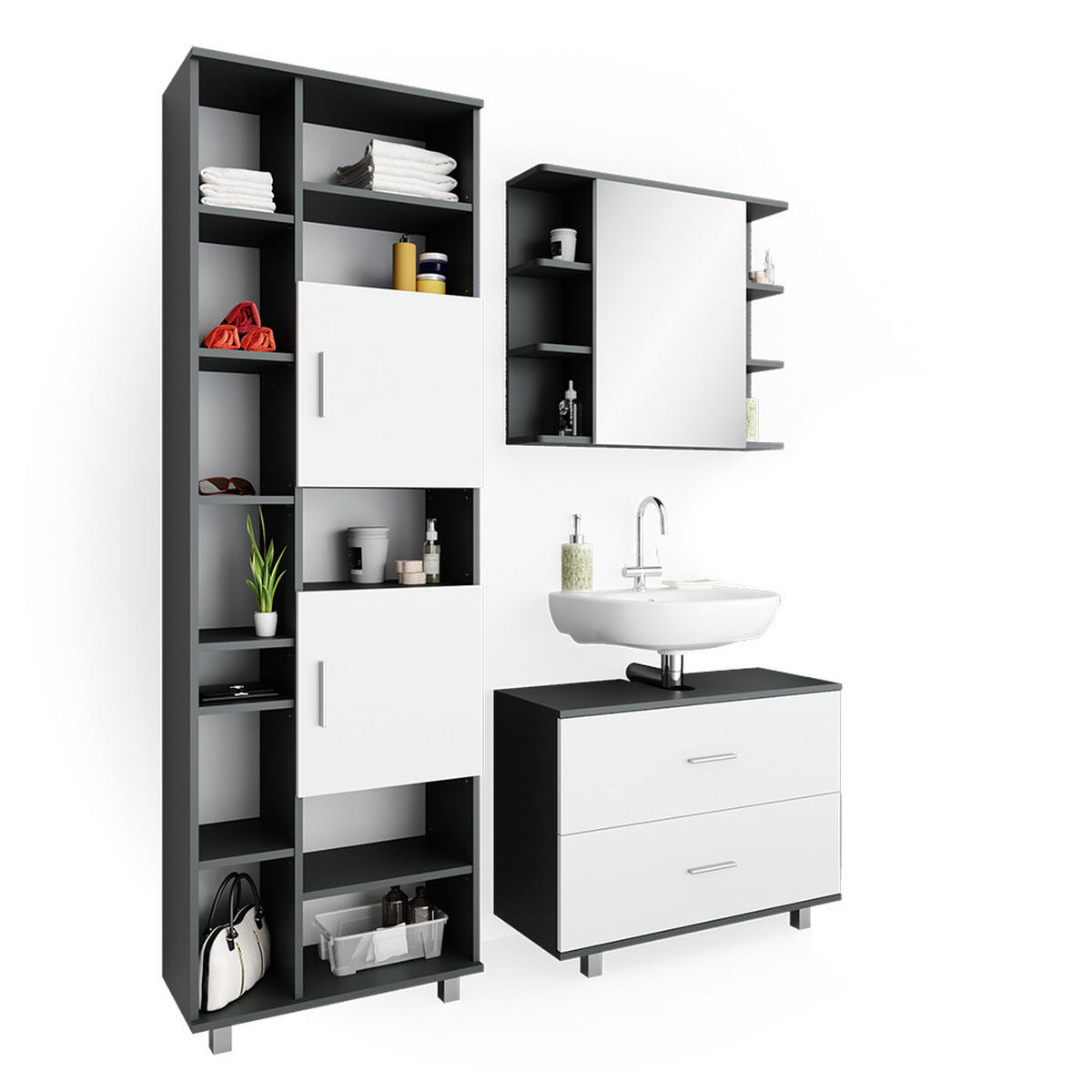 BADMÖBEL-SET Ilias Weiß/Anthrazit 3 Teile, mit Hochschrank - Anthrazit/Weiß, Holzwerkstoff (80.2/60.8/33cm) - Vicco