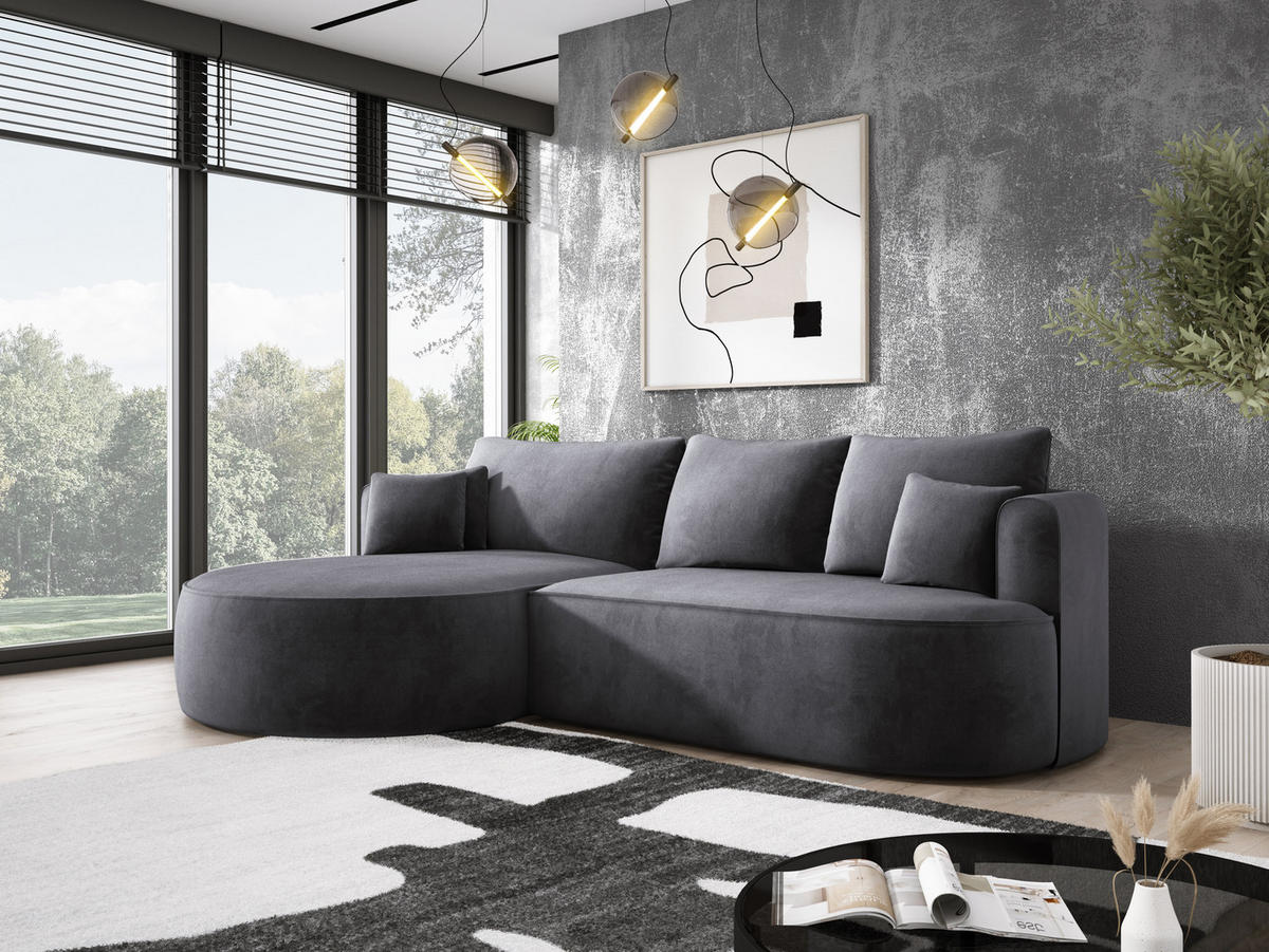 ECKSOFA FIORE L-förm Moderne Ausziehbare Schlaf-Funktion, automatischer Auffaltung, lose Rückenkissen freistehend LINKS 284x183x82cm Silver - Silberfarben, Holz/Textil (183/284cm) - DomoHome