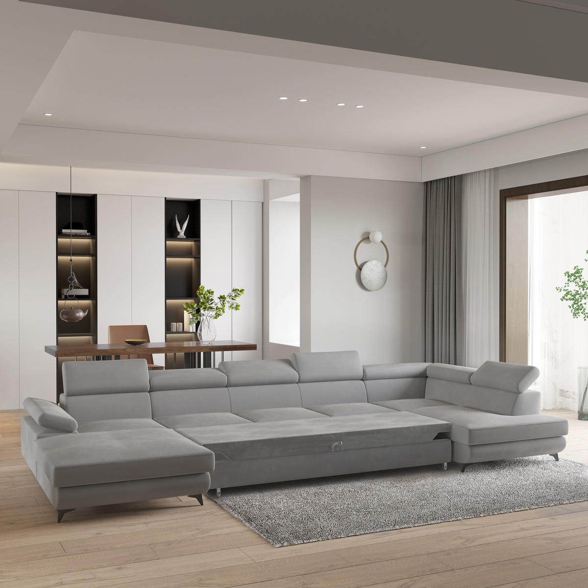 WOHNLANDSCHAFT MONTIVA Hellgrau Velours-Stoff mit Schlaffunktion - Hellgrau, Holz (410/89/190cm) - MASSENO