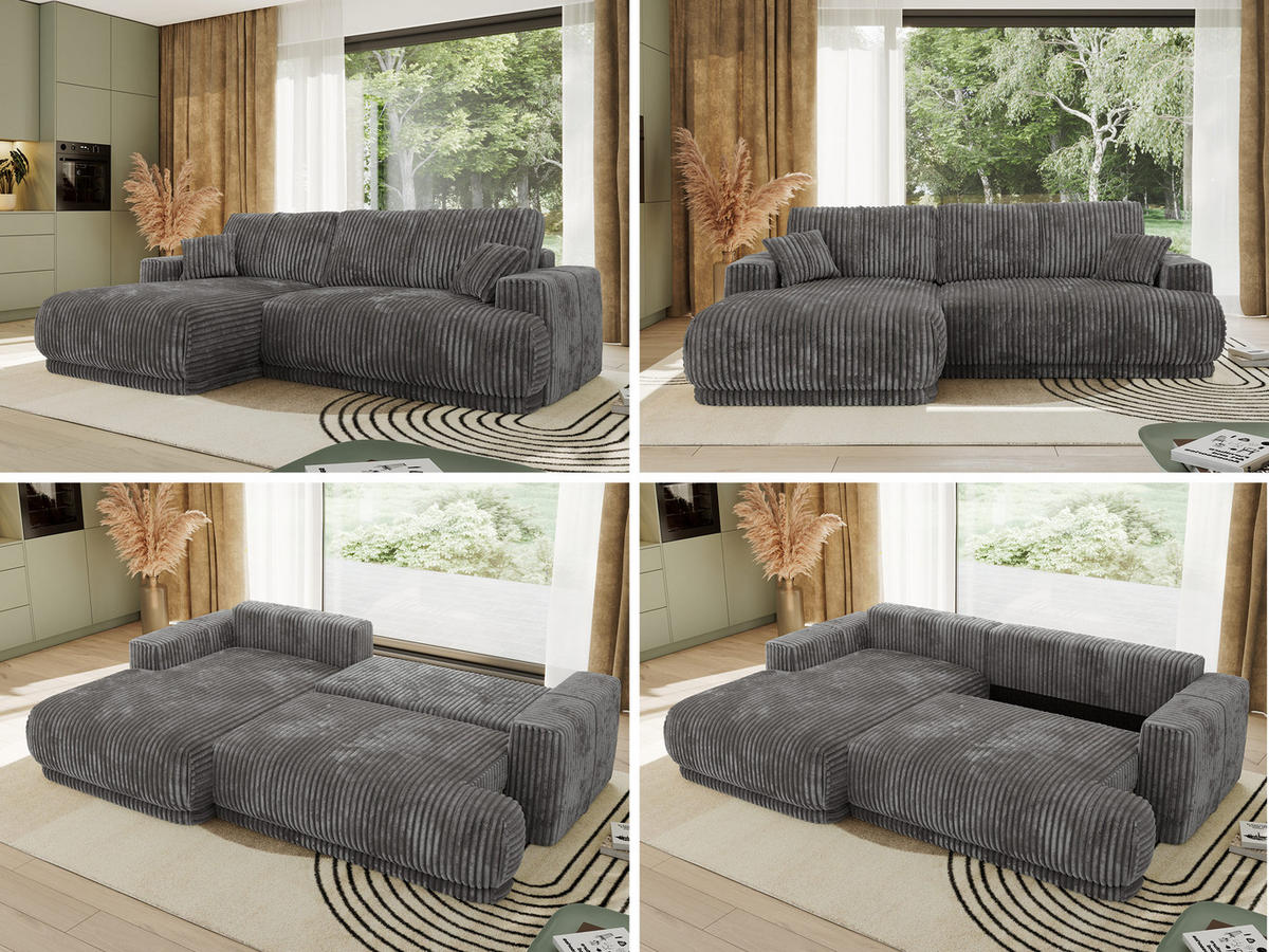 ECKSCHLAFSOFA RINA L Grau Cord - links - Schwarz/Grau, Kunststoff/Textil (266/172cm) - MKS