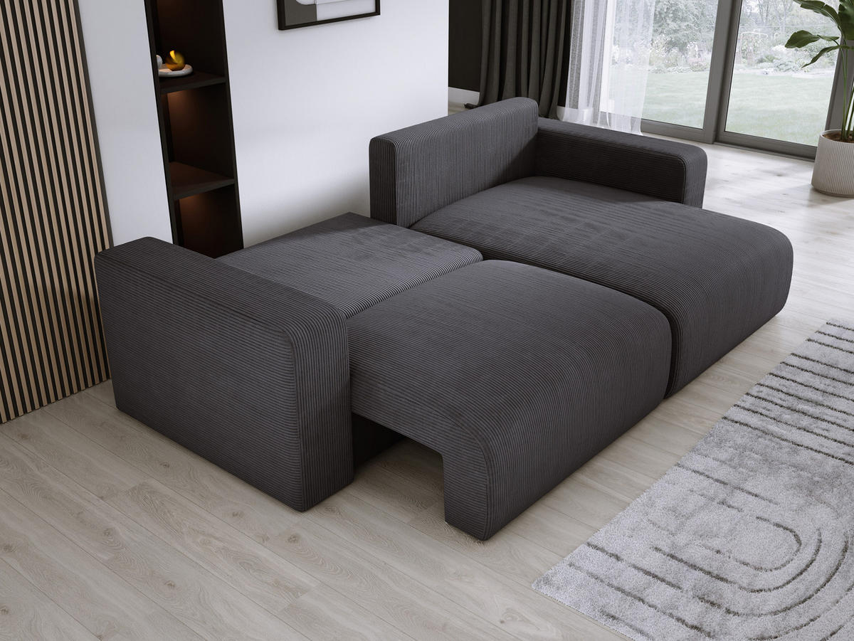 ECKSOFA Carl L-förmig Schlaffunktion und Bettkasten weicher Cordstoff flexibel stellbar lose Rückenkissen freistehend RECHTS 247x143x83cm Graphite - Graphitfarben, Holz/Textil (247/143cm) - DomoHome