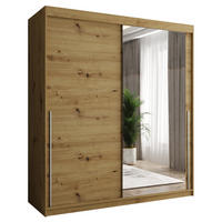 SCHIEBETÜRENSCHRANK mit Spiegel 180 cm Breite Artisan mit silbernem Griff - Silberfarben/Eiche Artisan, Holzwerkstoff (180/200/62cm) - Home Collective