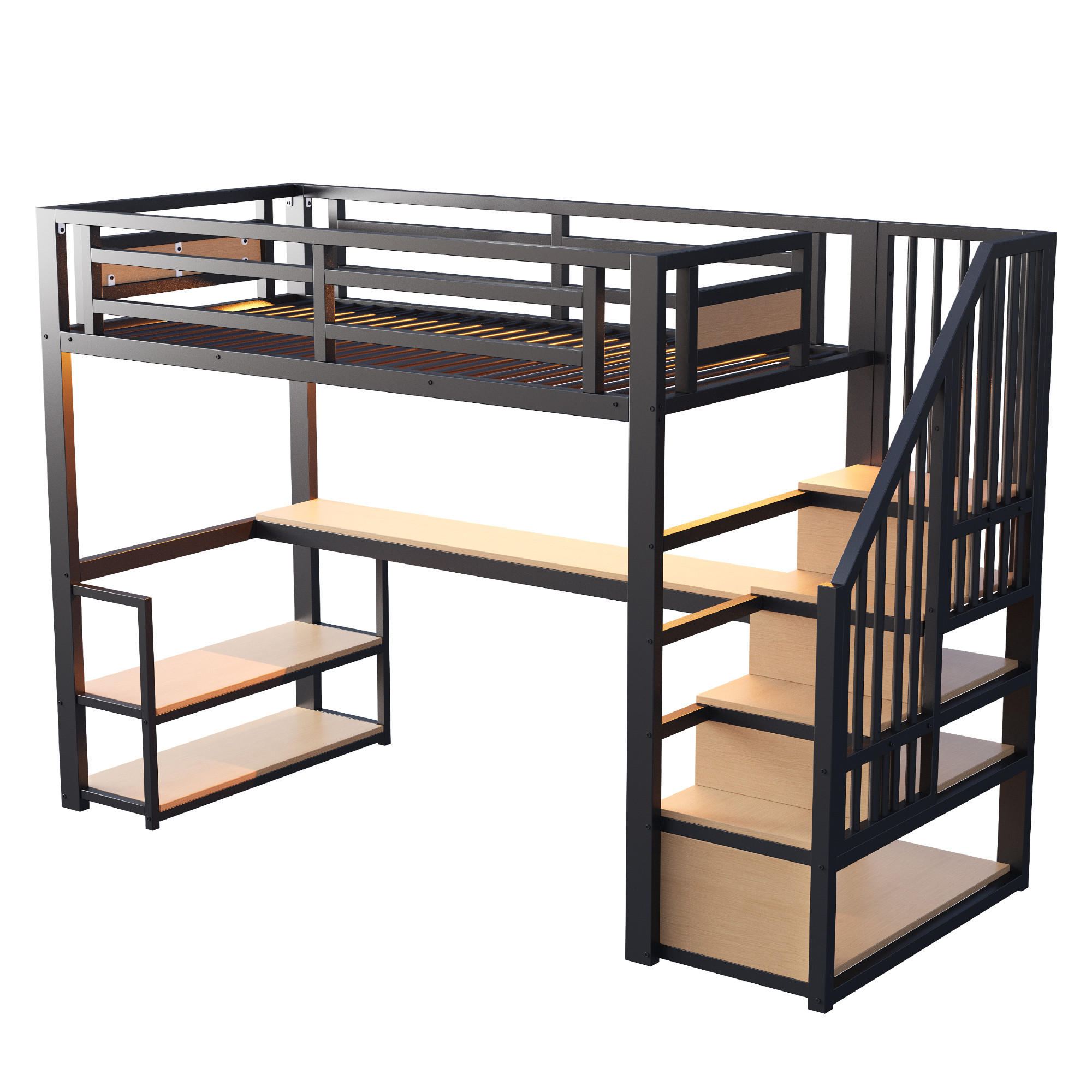 HOCHBETT 90/200 cm DE-01340, in Schwarz, mit Aufbewahrungsleiter, Tisch und Regalen - Schwarz, Metall (90/200cm) - ComfortXL