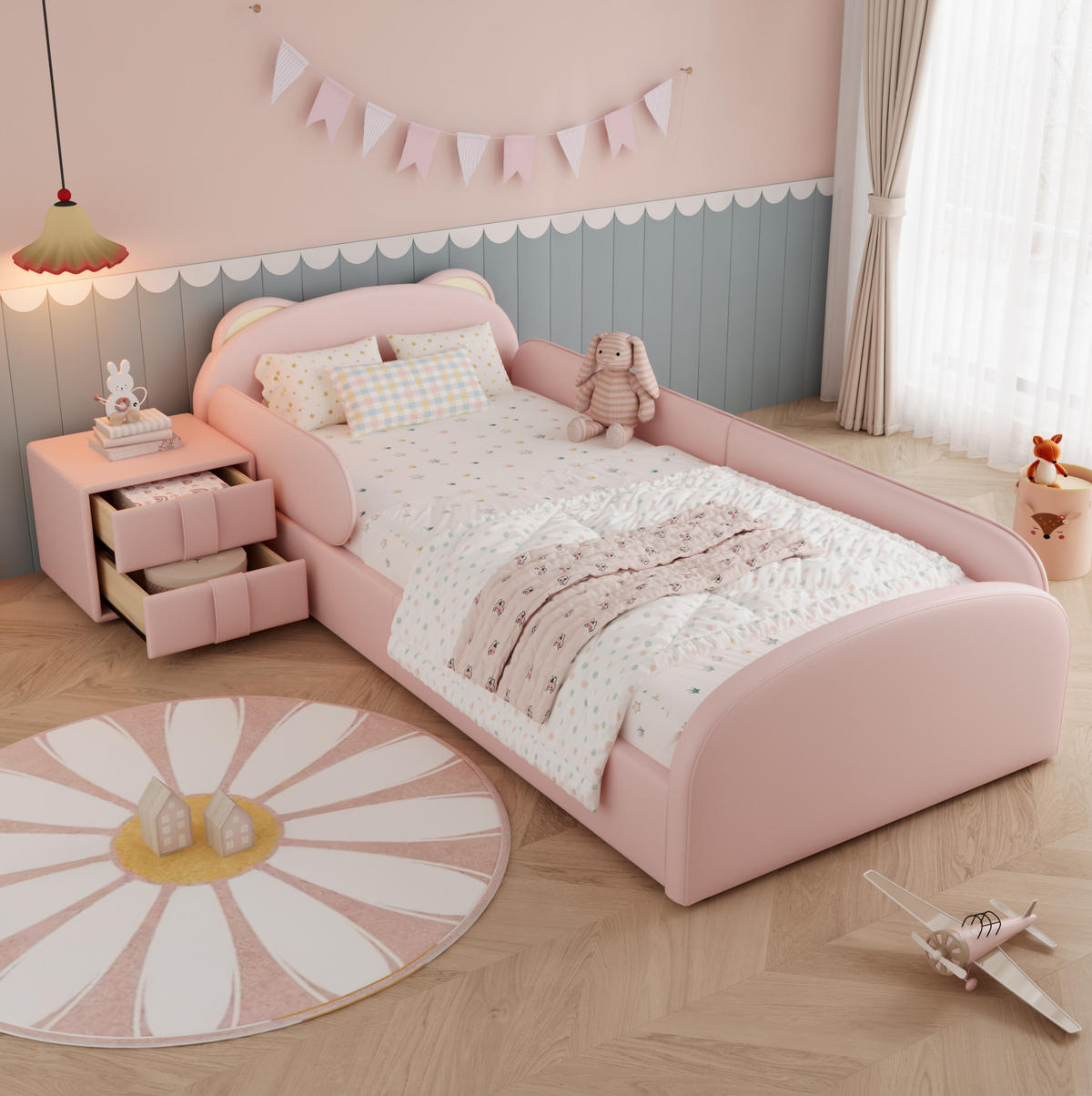 KINDERBETT 90/200 cm mit Nachttisch, Bären-Kopfteil und weichem Stoßschutz, Rosa - Rosa, Textil (90/200cm) - Redom