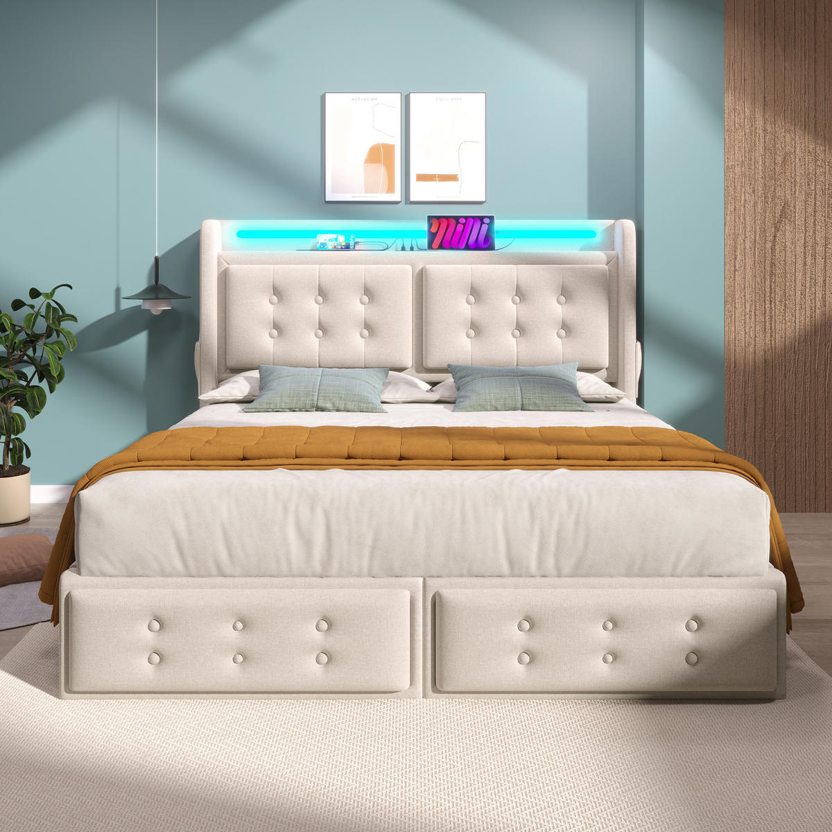 POLSTERBETT aus Baumwolle und Metall 160x200 cm Beige mit LED-Beleuchtung, USB-C, USB und 4 Schubladen - Beige, Textil (160/200cm) - Modfu