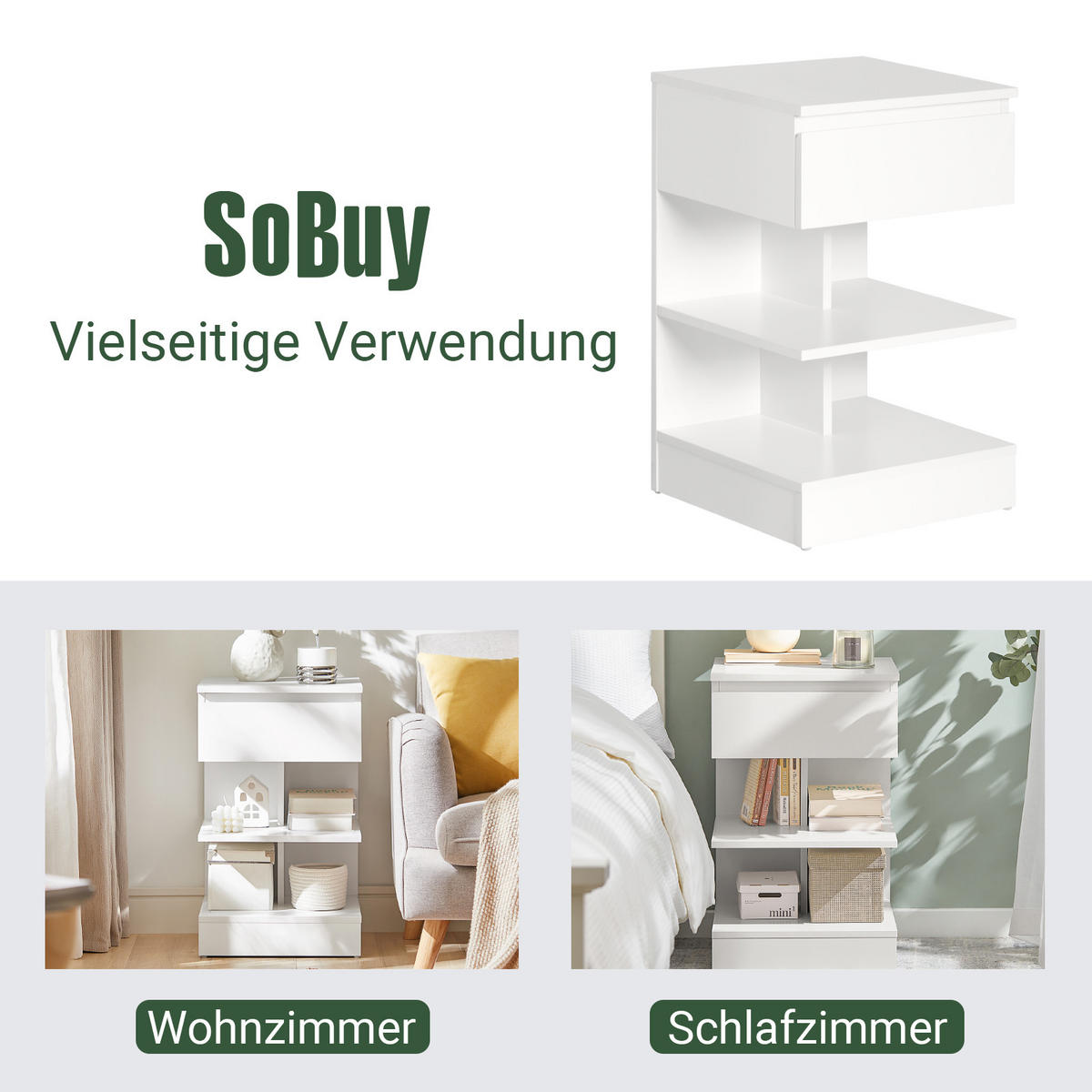 NACHTTISCH Weiß - Weiß, Holzwerkstoff (39/39/65cm) - SoBuy
