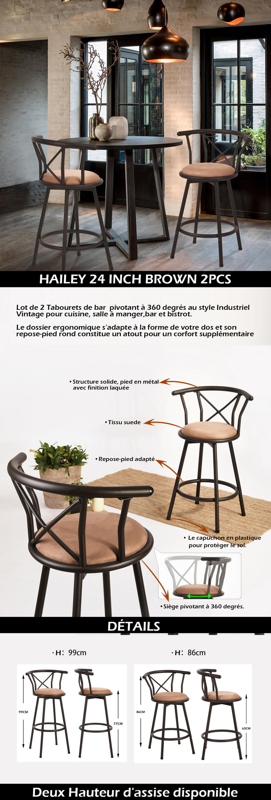BARHOCKER 2er-Set ,mit Bezug in Wildleder-Optik, Braun - Braun, Metall (39/85/39.5cm) - Meubles Cosy