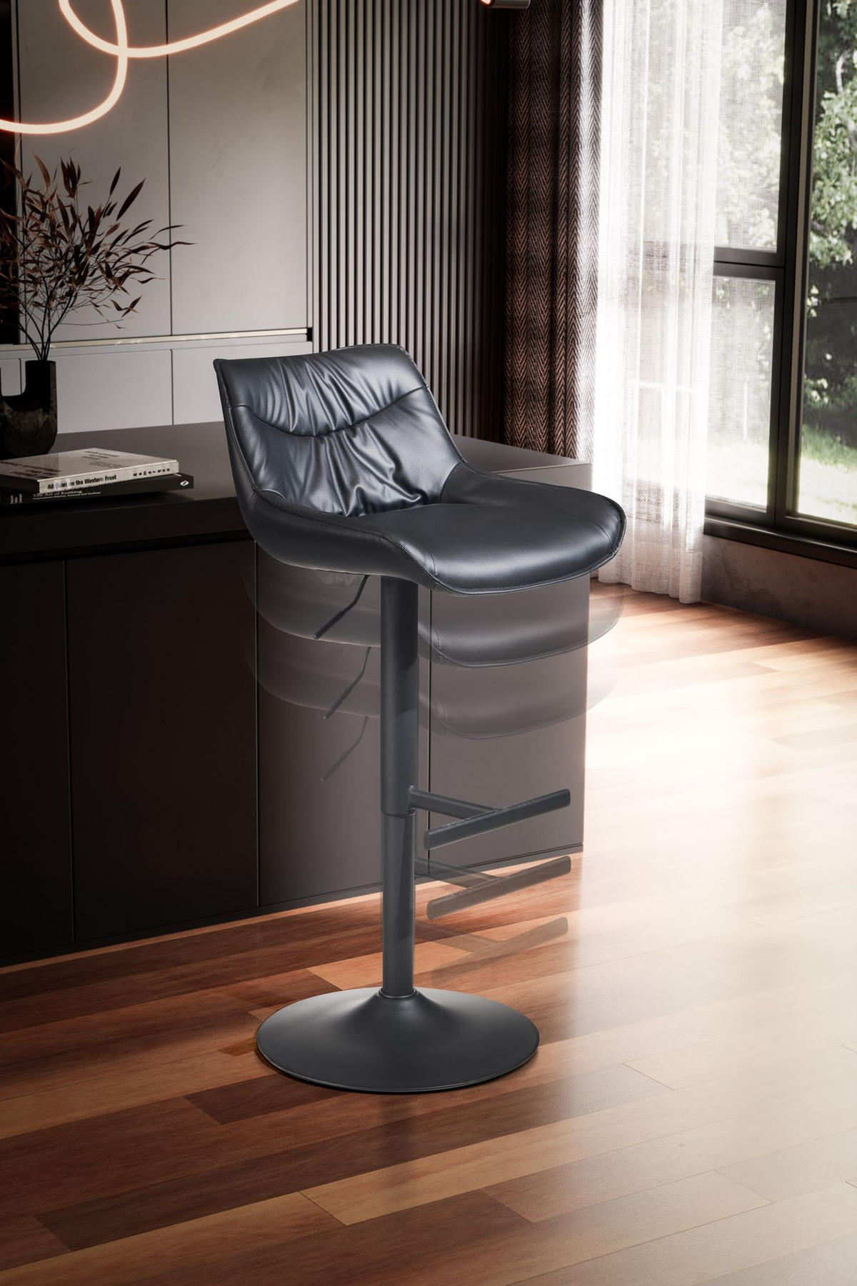 BARHOCKER – Kunstleder Schwarz, Rückenlehne, höhenverstellbar 86–106 cm, Trompetenfuß, 100 kg - Schwarz, Kunststoff/Textil (45/106/55cm) - KADIMA DESIGN