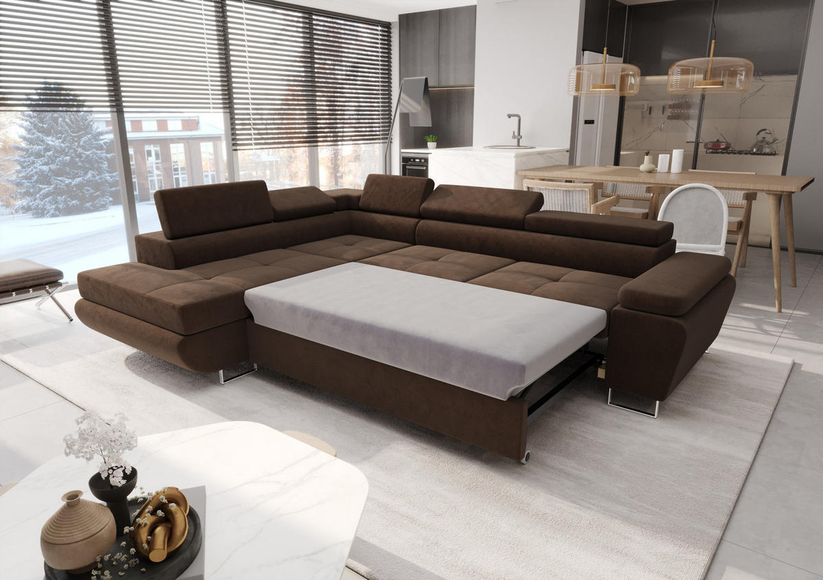 ECKSOFA KONGO RBN04, Eckcouch in L-Form mit Schlaffunktion, Farbe: Gelb, Velourstoff, Ottomane Links - Gelb, Textil (272/200cm) - O-Sofa