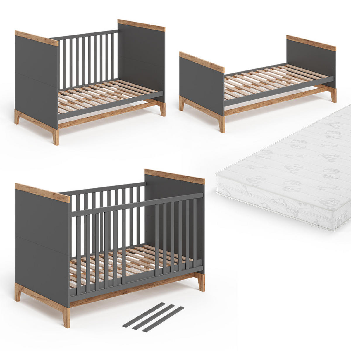 BABYBETT Malia Grau/Artisan 70x140 cm mit Matratze - Hellgrau/Grau, Holzwerkstoff - VitaliSpa