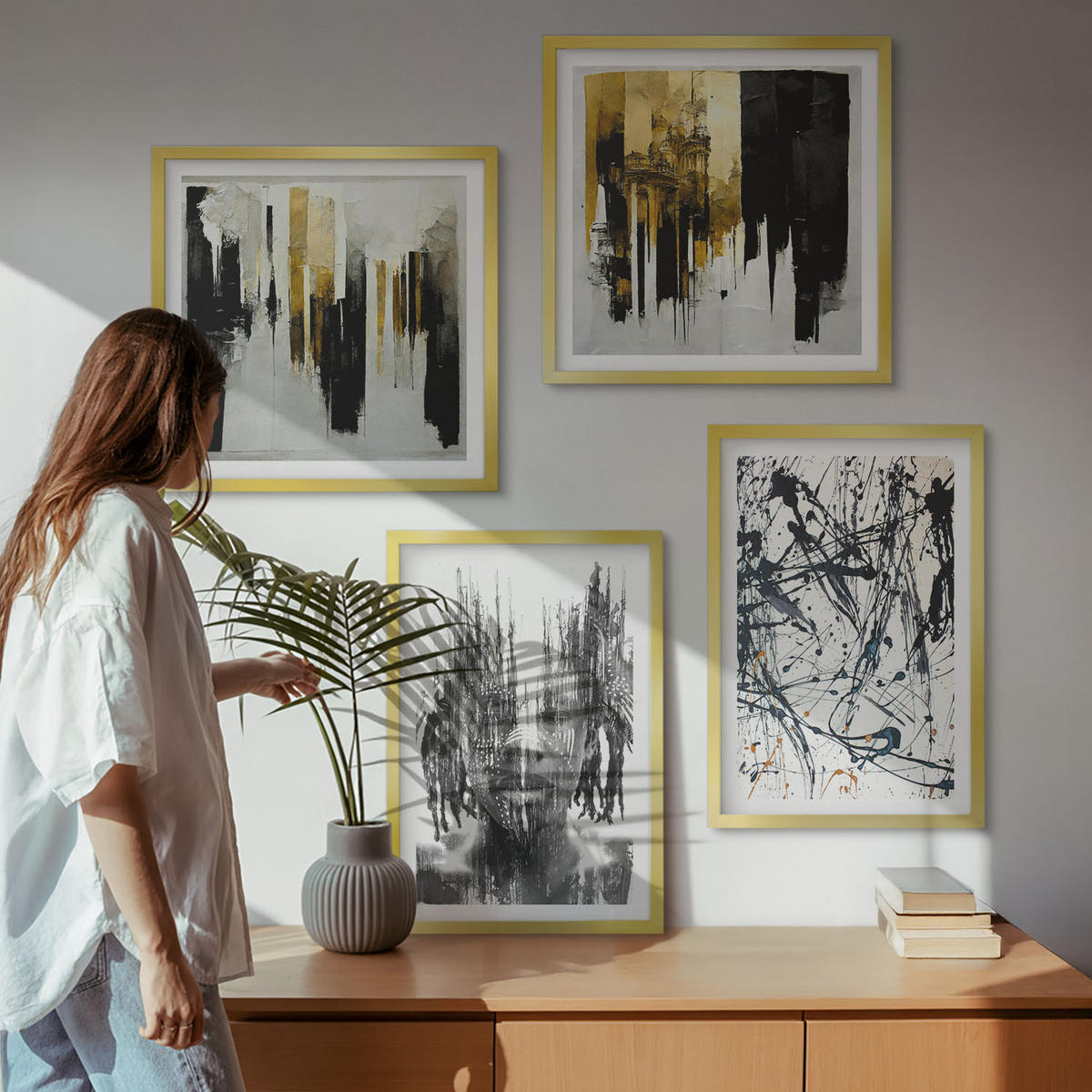 BILDER SET 4er Set - 50x50 cm & 40x60 cm Goldrahmen - Kontrastierende abstrakte Porträts - Goldfarben, Kunststoff (50/50cm) - TULUP