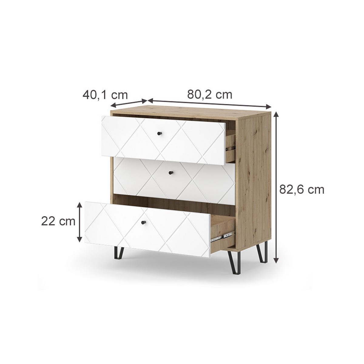 KOMMODE Nizza Artisan/Weiß 80.2 x 82.6 cm mit 3 Schubladen - Eiche Artisan/Weiß, Holzwerkstoff (80.2/82.6/40.1cm) - Vicco