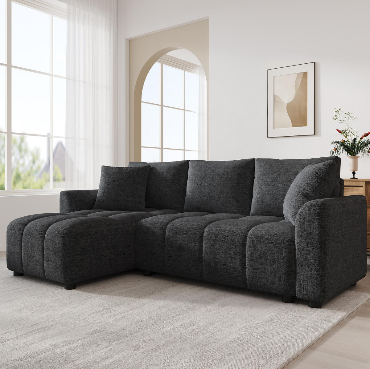 ECKSOFA 204/127/82,5 cm grau aus Chenille mit Chaiselongue - Grau, Textil (127/204cm) - OKWISH
