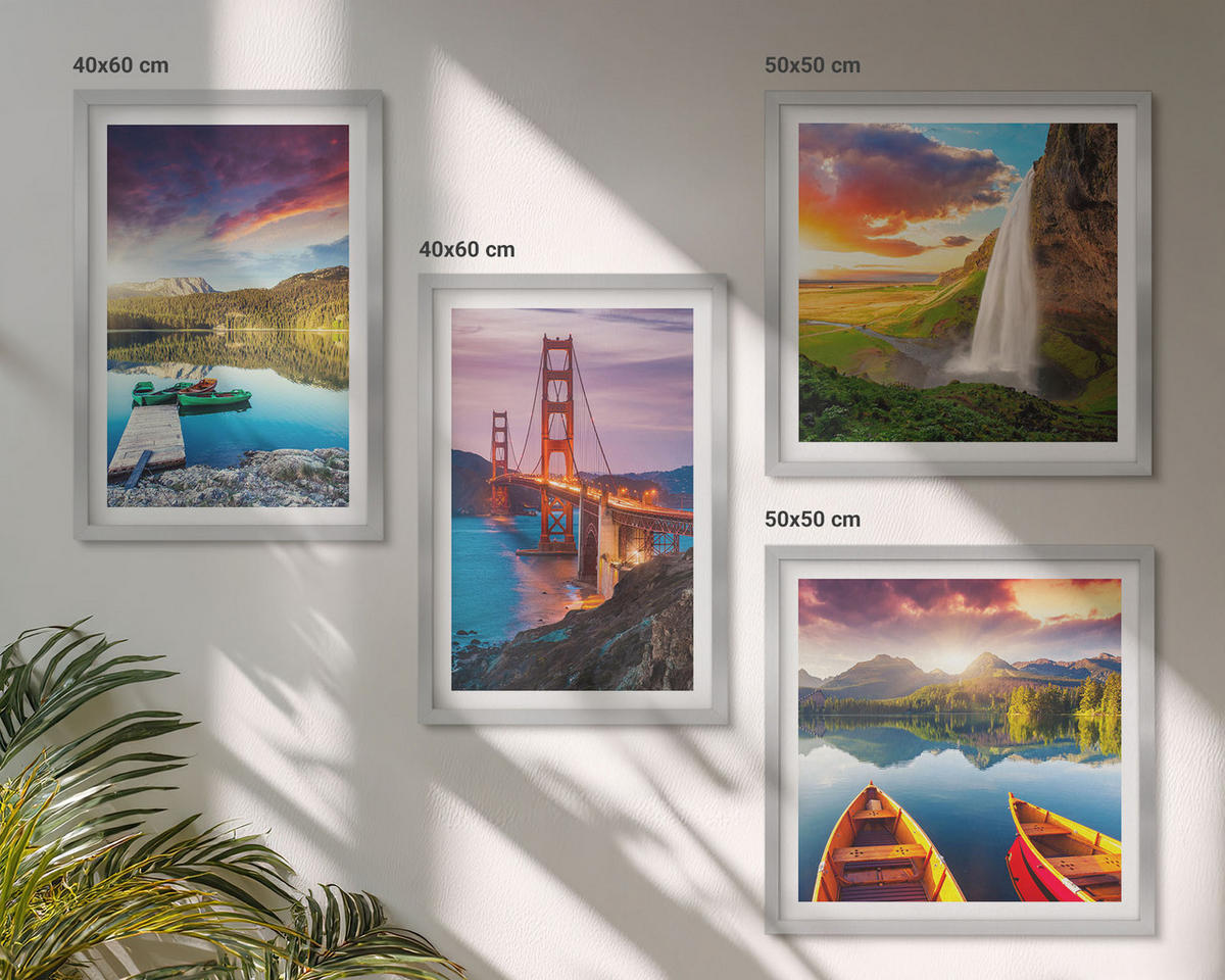 BILDER SET 4er Set - 50x50 cm & 40x60 cm Silberner Rahmen - Bergseen, Boote, Brücken - Silberfarben, Kunststoff (50/50cm) - TULUP