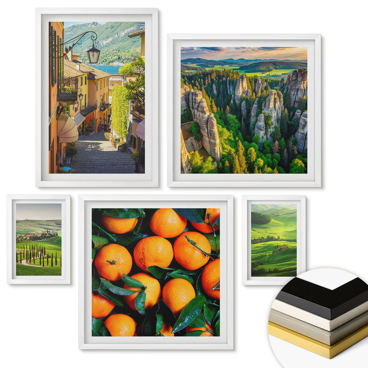 WANDBILDER 5er-Set - 50x50 cm & 20x30 cm & 40x60 cm Weißer Rahmen - Italienische Landschaft Orangen Natur - Weiß, Kunststoff (40/60cm) - ArtPrintCave