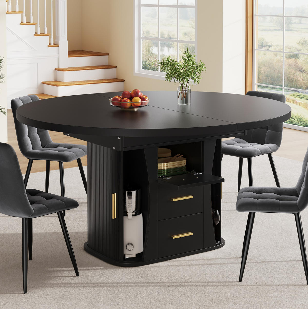 AUSZIEHTISCH aus MDF 118x118x77 cm Schwarz mit ausziehbarer Tischplatte und Stauraum - Schwarz, Holzwerkstoff (118/118/77cm) - Modfu