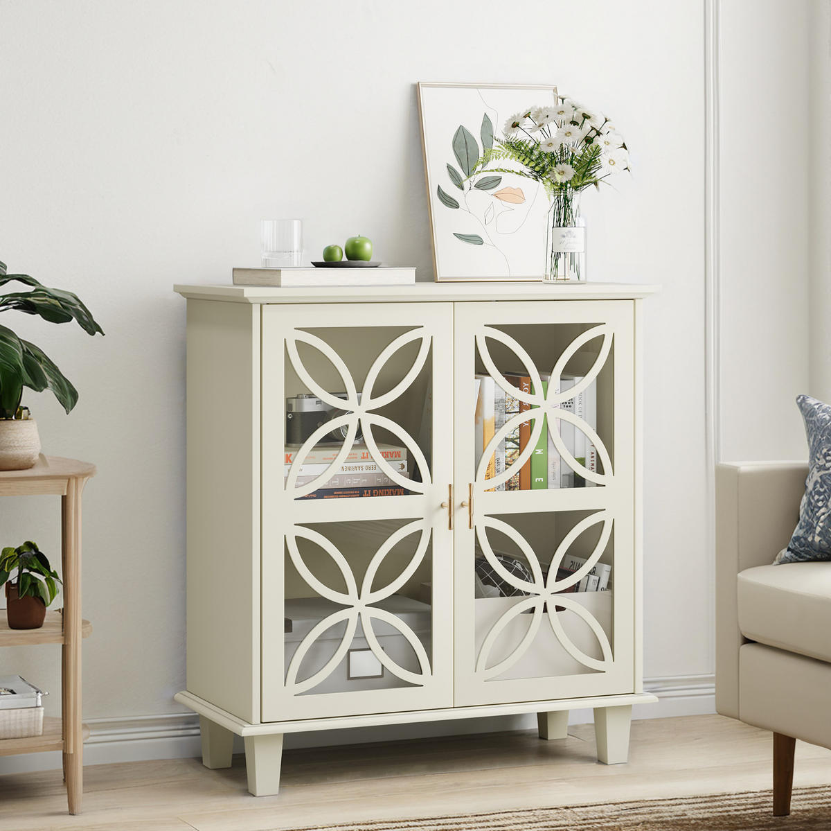 SIDEBOARD 80/38/87 cm creme aus MDF und Holzwerkstoff mit Hartglastüren - Creme, Holzwerkstoff (80/87/38cm) - OKWISH