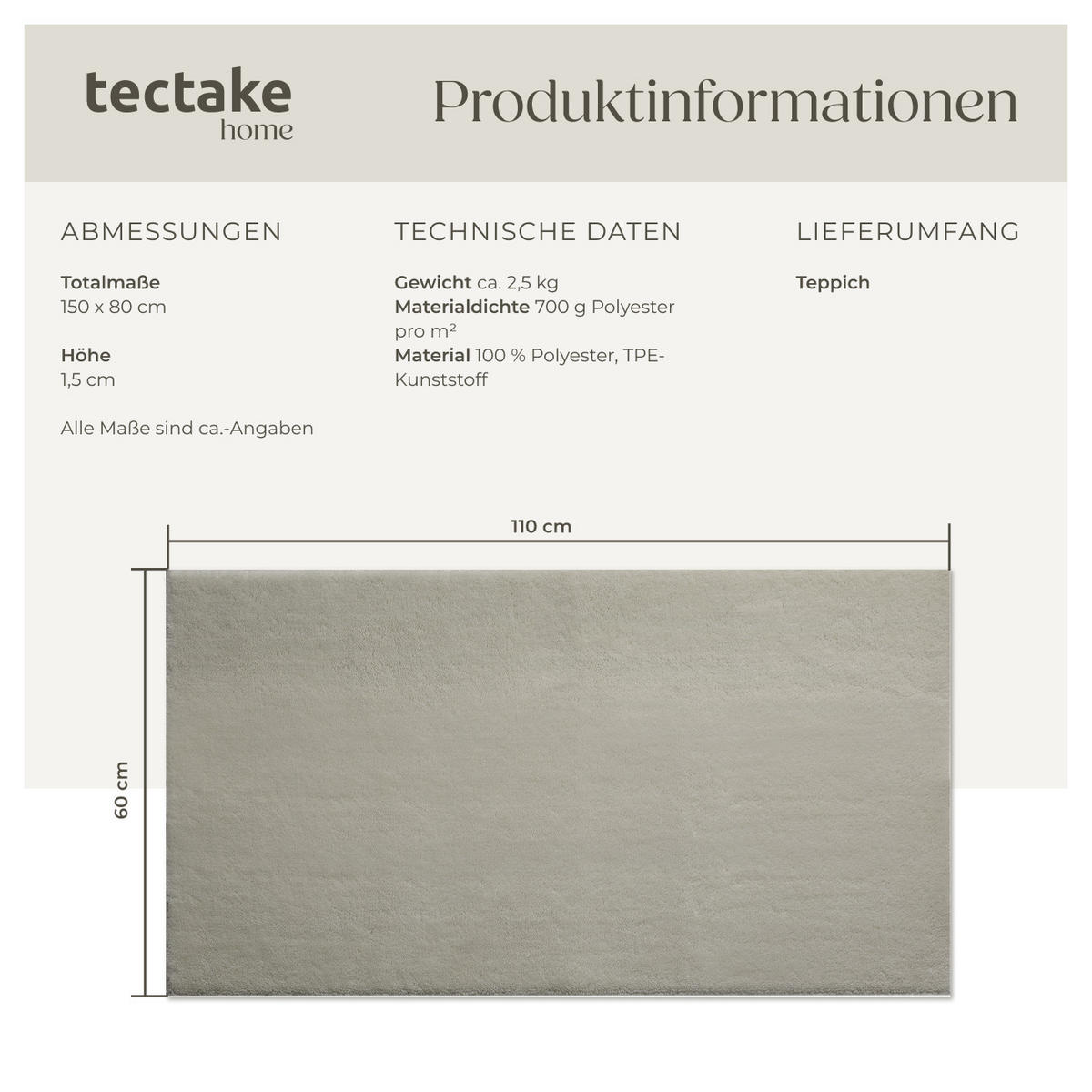 KURZFLORTEPPICH Soft Zone,rutschfeste Unterseite,Sand - Sandfarben, Kunststoff (150/80cm) - tectake
