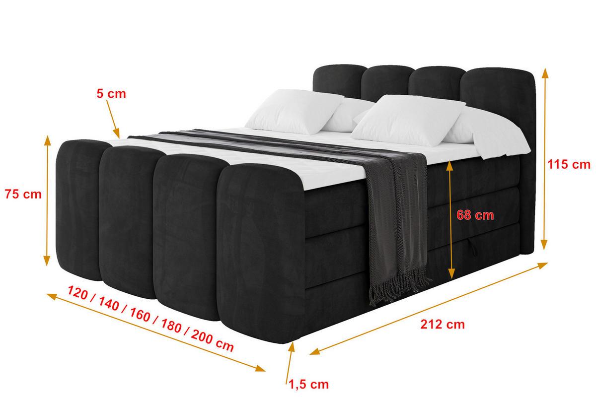 BOXBETT mit Matratze H3|H4 - NINA-Z KING - 160x200 cm - Schwarz - Schwarz Hochglanz, Holzwerkstoff (160/200cm) - ALTDECOR