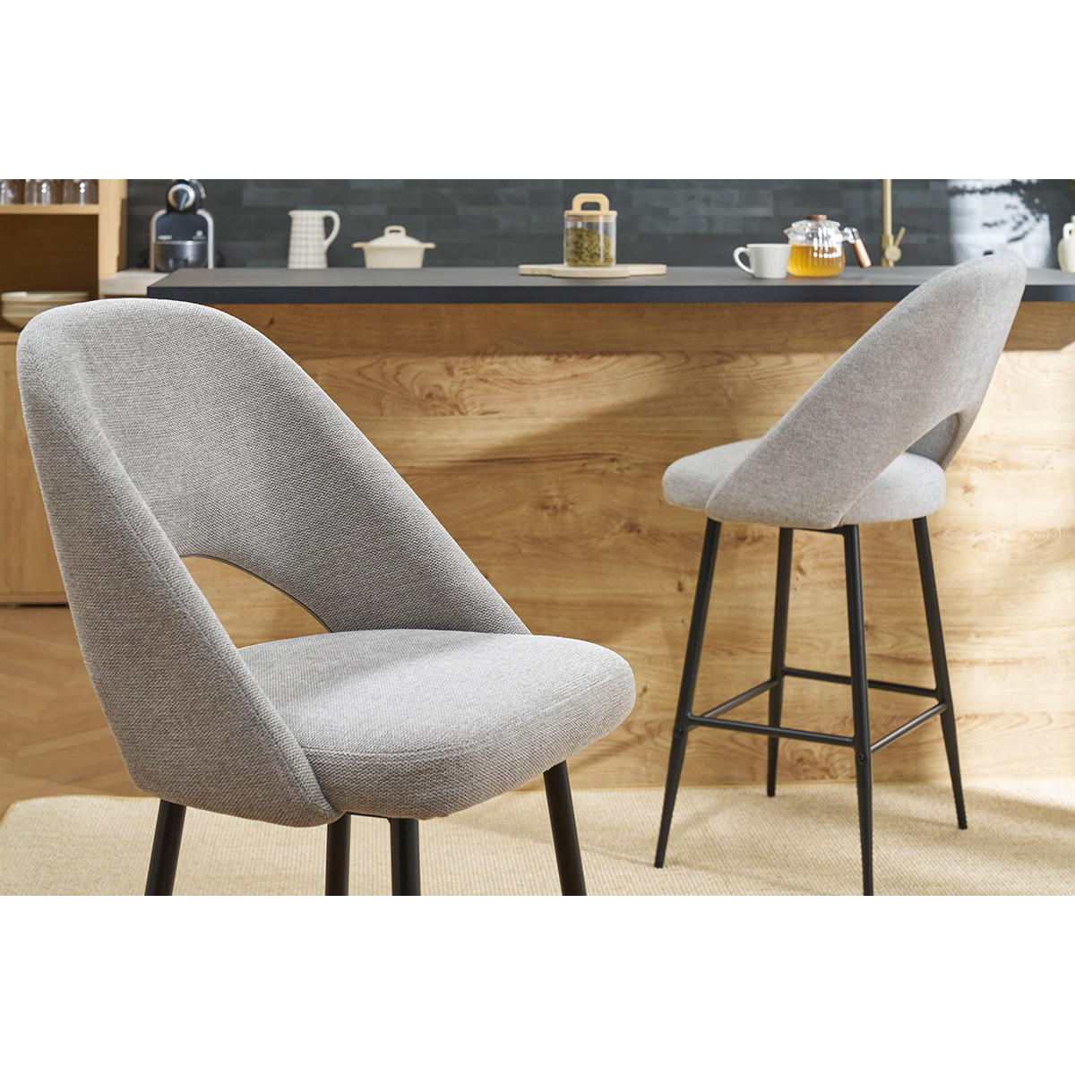 BARHOCKER Stoff Grau Samteffekt H65 cm 2er-Set COSETTE - Grau, Textil (54/99/51.5cm) - Miliboo