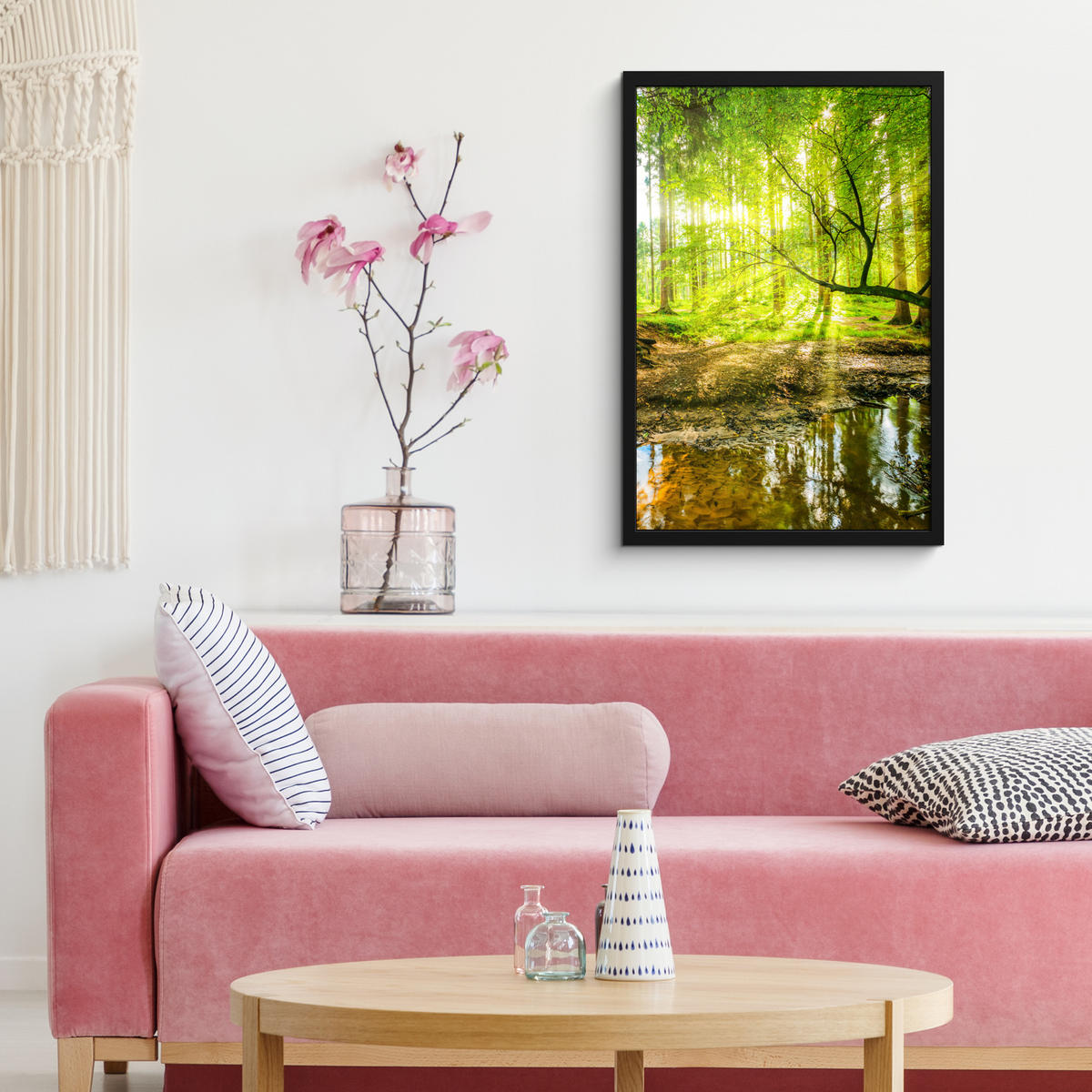 GERAHMTES BILD Wald - Landschaft - Wasser - Bäume - Sonne - Grün - Natur 40x60 cm - Grün, Papier (40/60cm) - MuchoWow