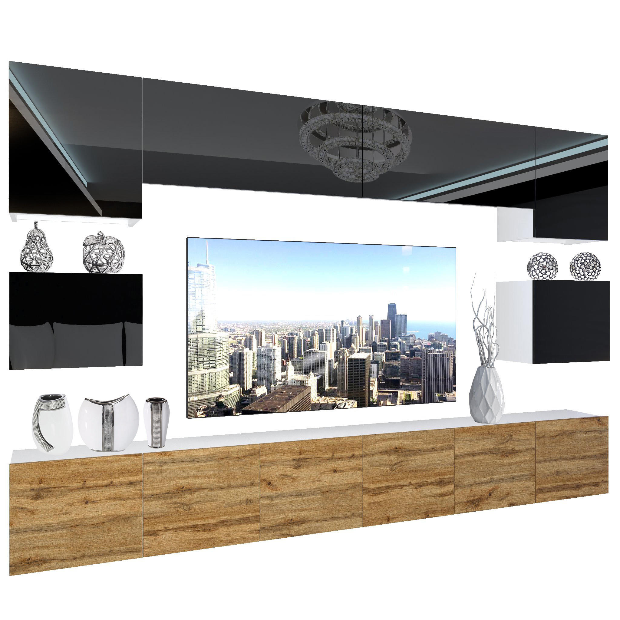 WOHNZIMMERWAND Schrankwand mit LED Schwarz Top / Wotan Eiche - Eichefarben/Schwarz, Holz (300/180/36cm) - B BELINI GROUP