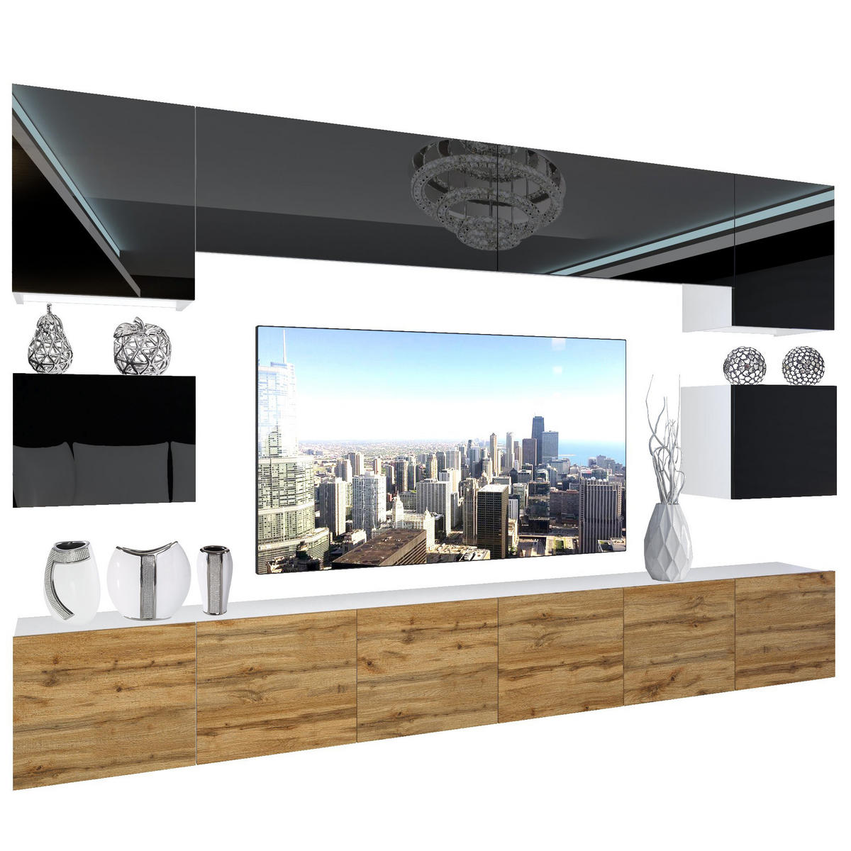 WOHNZIMMERWAND Schrankwand mit LED Schwarz Top / Wotan Eiche - Eichefarben/Schwarz, Holz (300/180/36cm) - B BELINI GROUP
