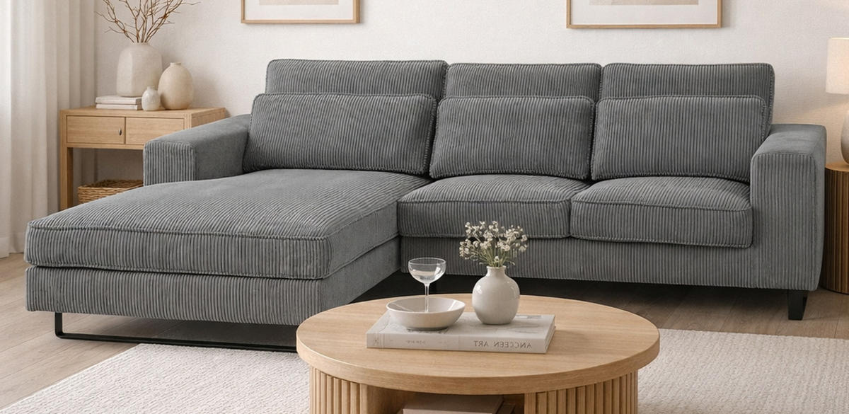 SOFA grau Cord 276 cm, Ecksofa 4-Sitzer, L-Sofa Ottomane links - Schwarz/Grau, Holz/Textil (276/183cm) - Inn.Furn