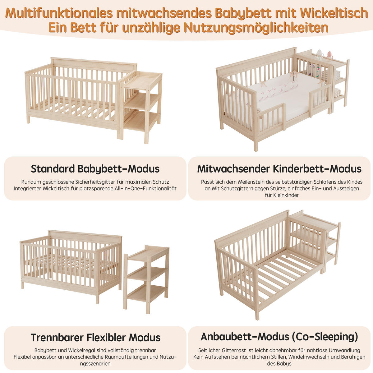 KINDERBETT 140/70 cm in Natur aus Kiefernholz mit Wickeltisch, Regal und Schutzgitter - Naturfarben, Holz/Holzwerkstoff (70/140cm) - WISHDOR