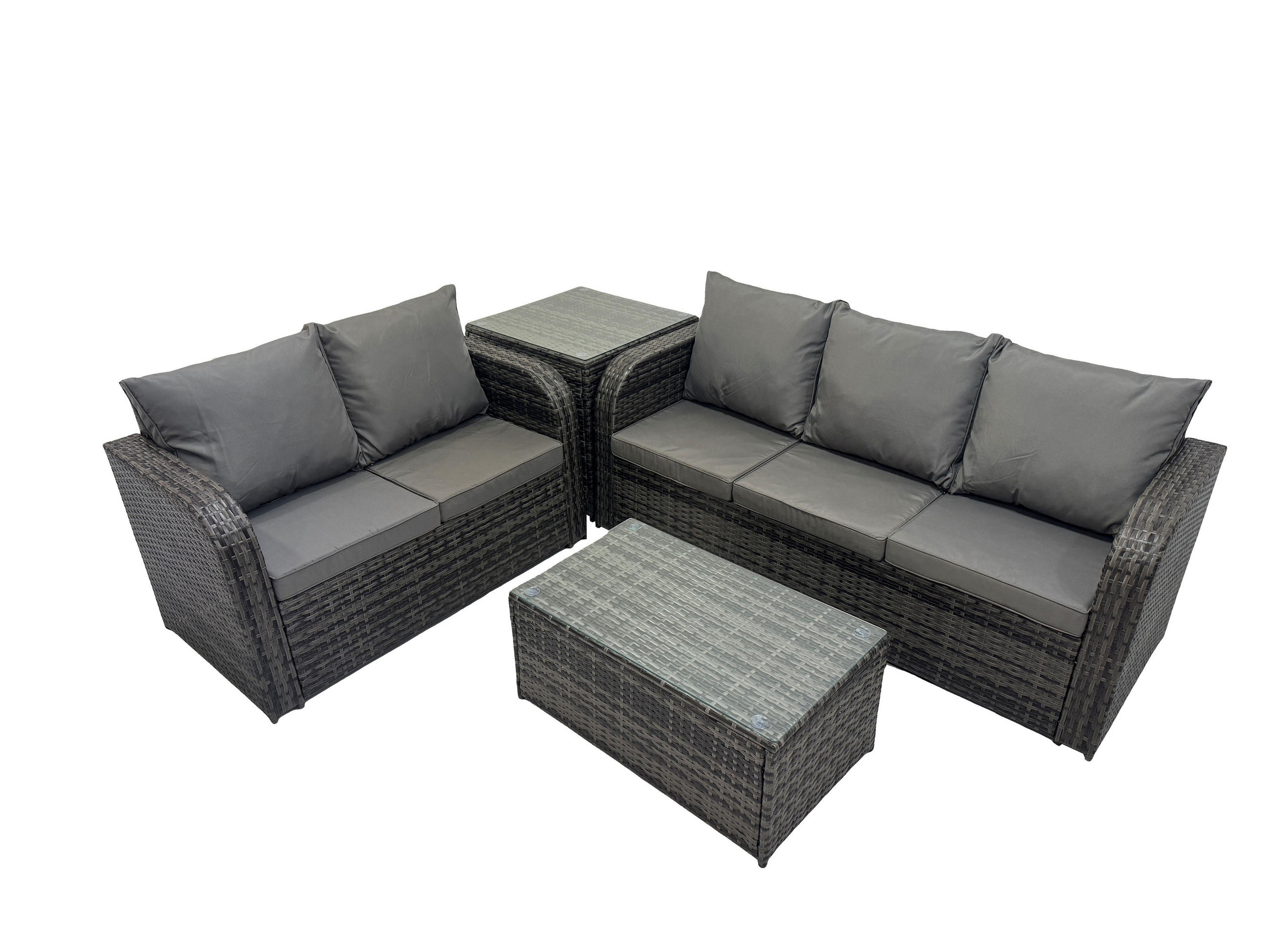 GARTENMÖBELSET mit Couchtisch Polyrattan 5-Sitzer - Dunkelgrau/Grau, Glas/Kunststoff - Fimous