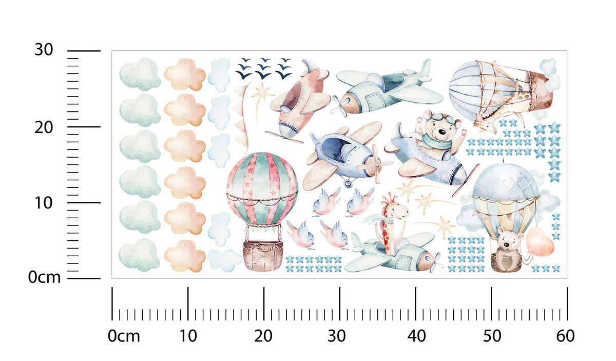 WANDAUFKLEBER SET Wilde Tiere Wolken Flugzeuge Luftballons 60x30 - Beige/Rosa, Papier (60/30/1cm) - Muralo