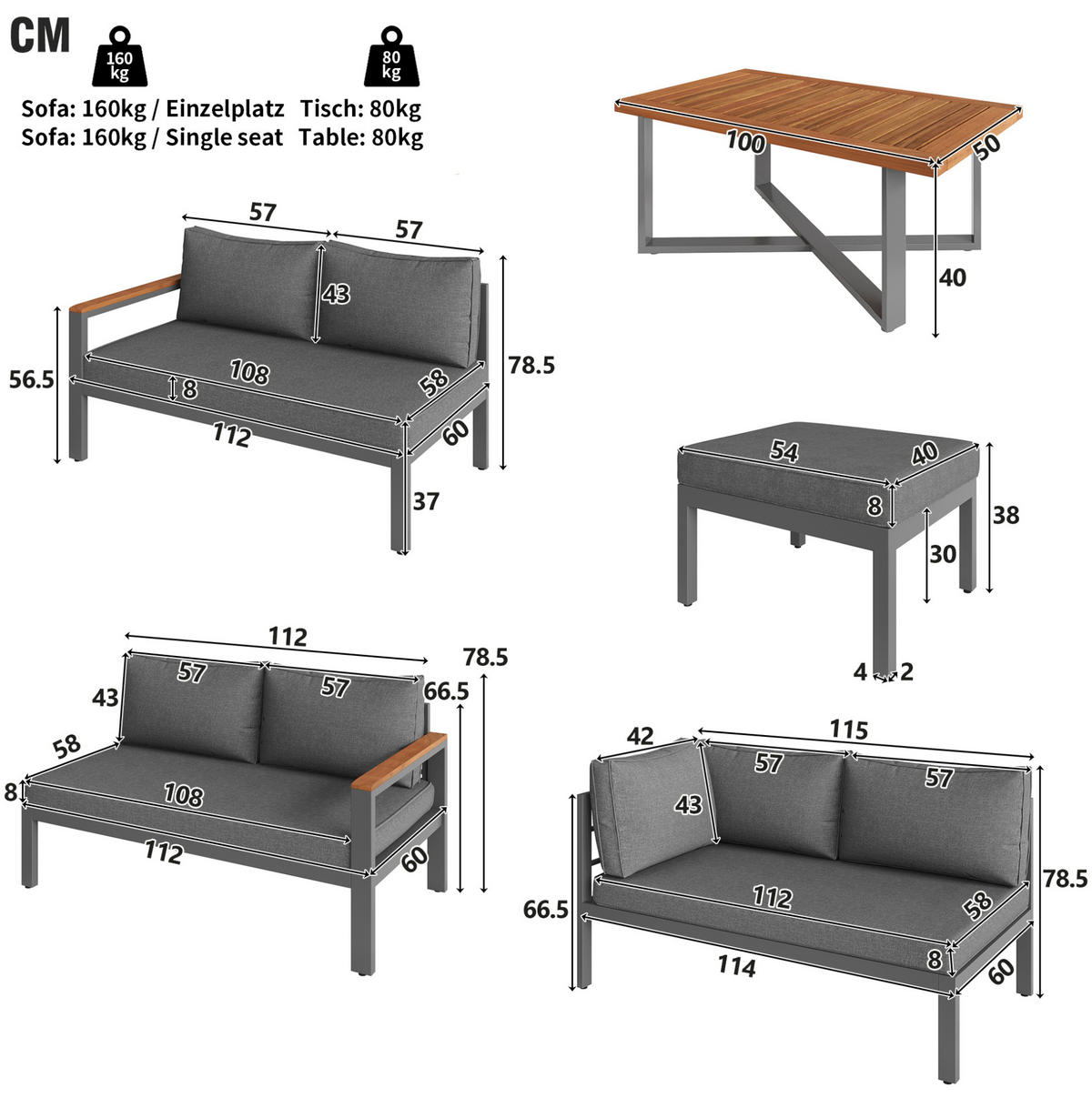 GARTENMÖBEL 100x50cm grau aus Metall und mit Holzplatte - Grau, Metall - Modfu