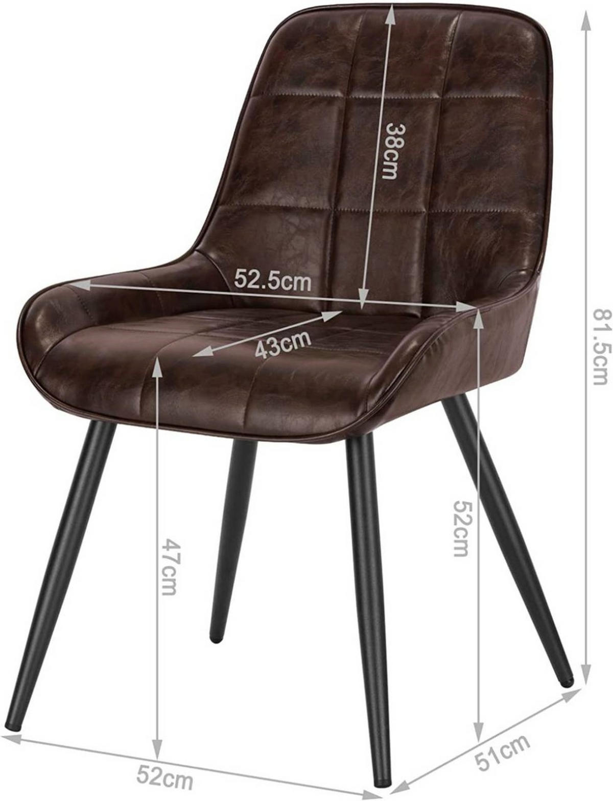 ESSZIMMERSTUHL 4er-Set, Polsterstuhl, Kunstleder, Dunkelbraun - Dunkelbraun/Schwarz, Textil/Metall (52.5/81.5/62cm) - Woltu