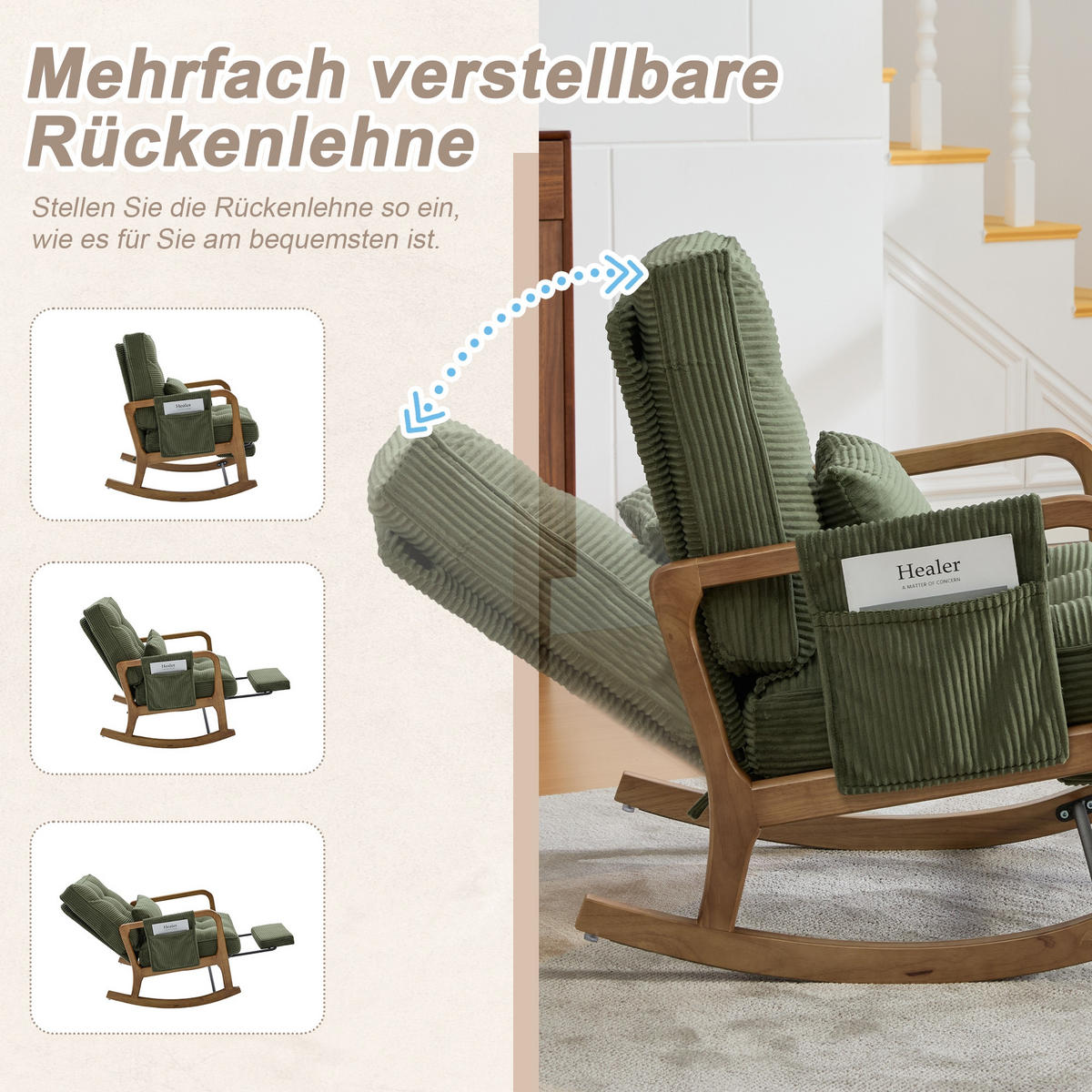 SCHAUKELSTUHL Grün Cord mit Fußstütze, Seitentaschen und verstellbarer Lehne - Grün, Textil (80/92/70cm) - Oxeza