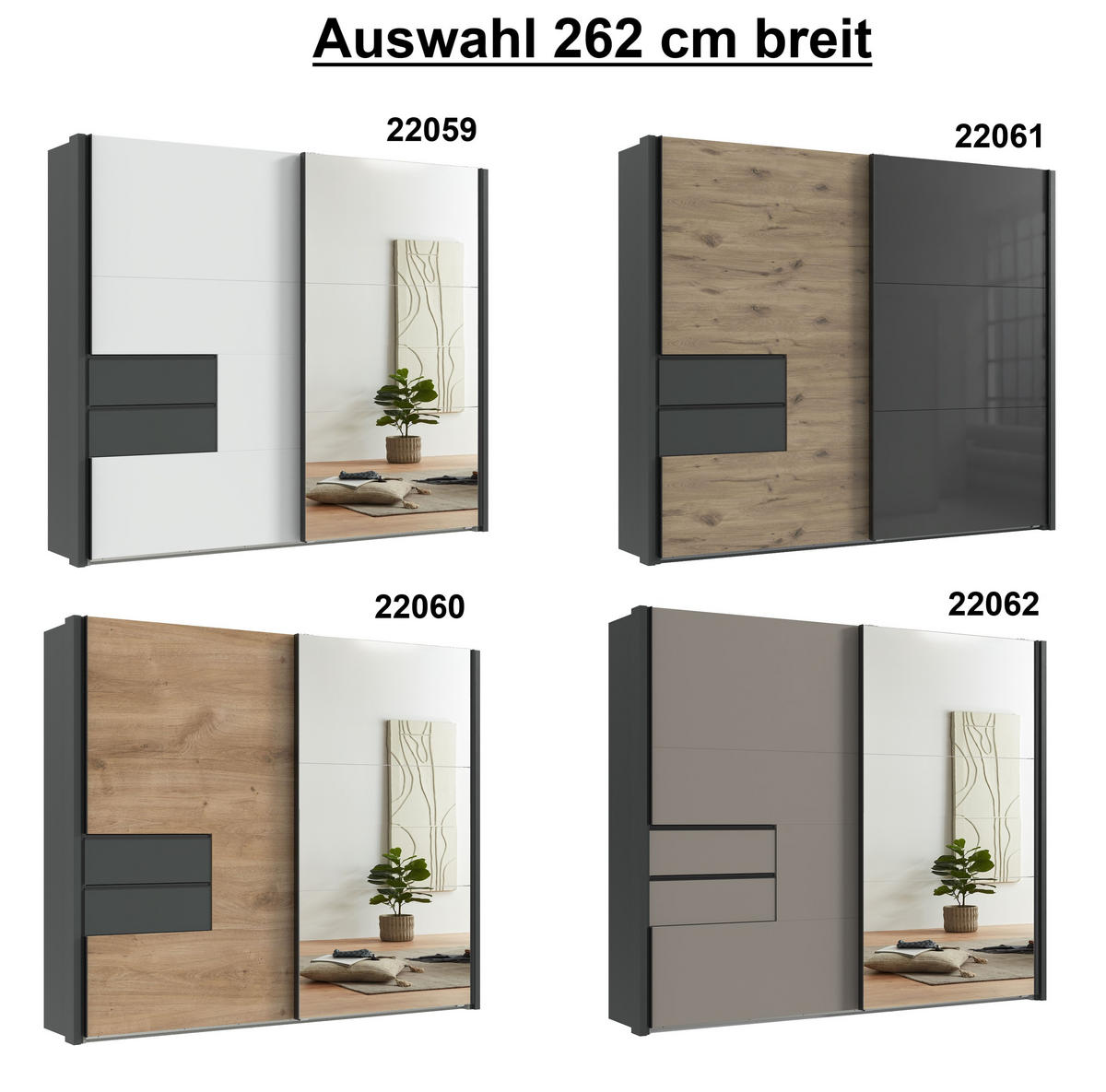 SCHWEBETÜRENSCHRANK B262/H216/T65 cm, Korpus+Passepartout+Schubladen Grafit, Türen Weiß / Spiegel, inkl. Vollausstattung / 22059 - Schwarz/Graphitfarben, Holzwerkstoff/Metall (262/216/65cm) - luma-home