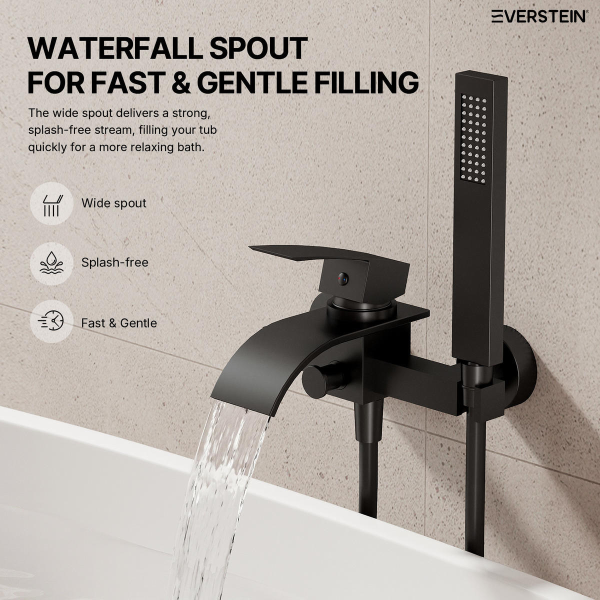 BADEWANNENARMATUR SFS-5005 Schwarz Matt, Aufputz mit Wasserfallauslauf 200 mm Handbrause 1500 mm Einhebel 150 mm Stichmaß - Schwarz, Metall (6/20/23cm) - Everstein