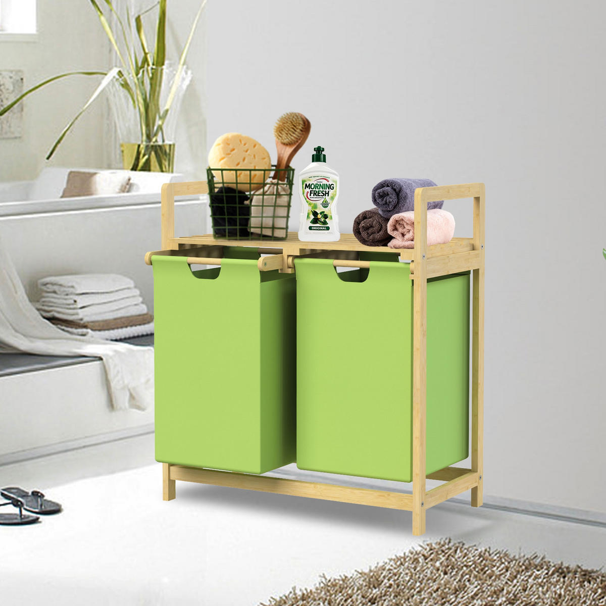 WÄSCHEKORB Bambus Grün - Olivgrün, Holz (33/73/63cm)