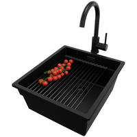 UNTERBAUSPÜLE GRANIT Praga, 2-er set Schwarz 41/47 cm 1 Becken + Küchenarmatur 32/20 cm + Ablauf-Set + Aufrollbare Abtropffläche ab 45er Unterschrank - Schwarz, Kunststoff (41/20/47cm) - Primagran