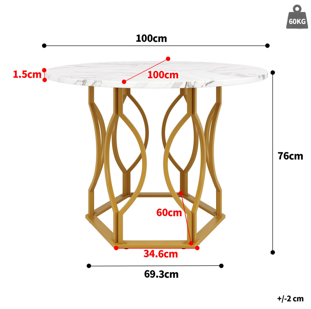 ESSTISCH 100x100x76 cm in Gold und Weiß aus MDF mit Metallbeinen als kompakter Tisch - Weiß, Holzwerkstoff (100/100/76cm) - Modfu