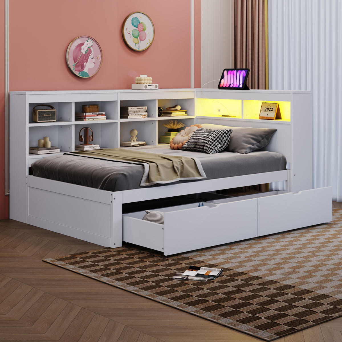 BETT Massivholzsofa 90/200 cm Weiß mit USB- und Steckdose und LED-Beleuchtung - Weiß, Holzwerkstoff (90/200cm) - OKWISH