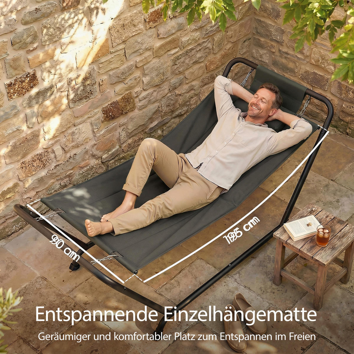 HÄNGEMATTE mit Seitentasche und Kopfstütze Dunkelgrau - Dunkelgrau, Textil (90/92/237cm) - Outsunny